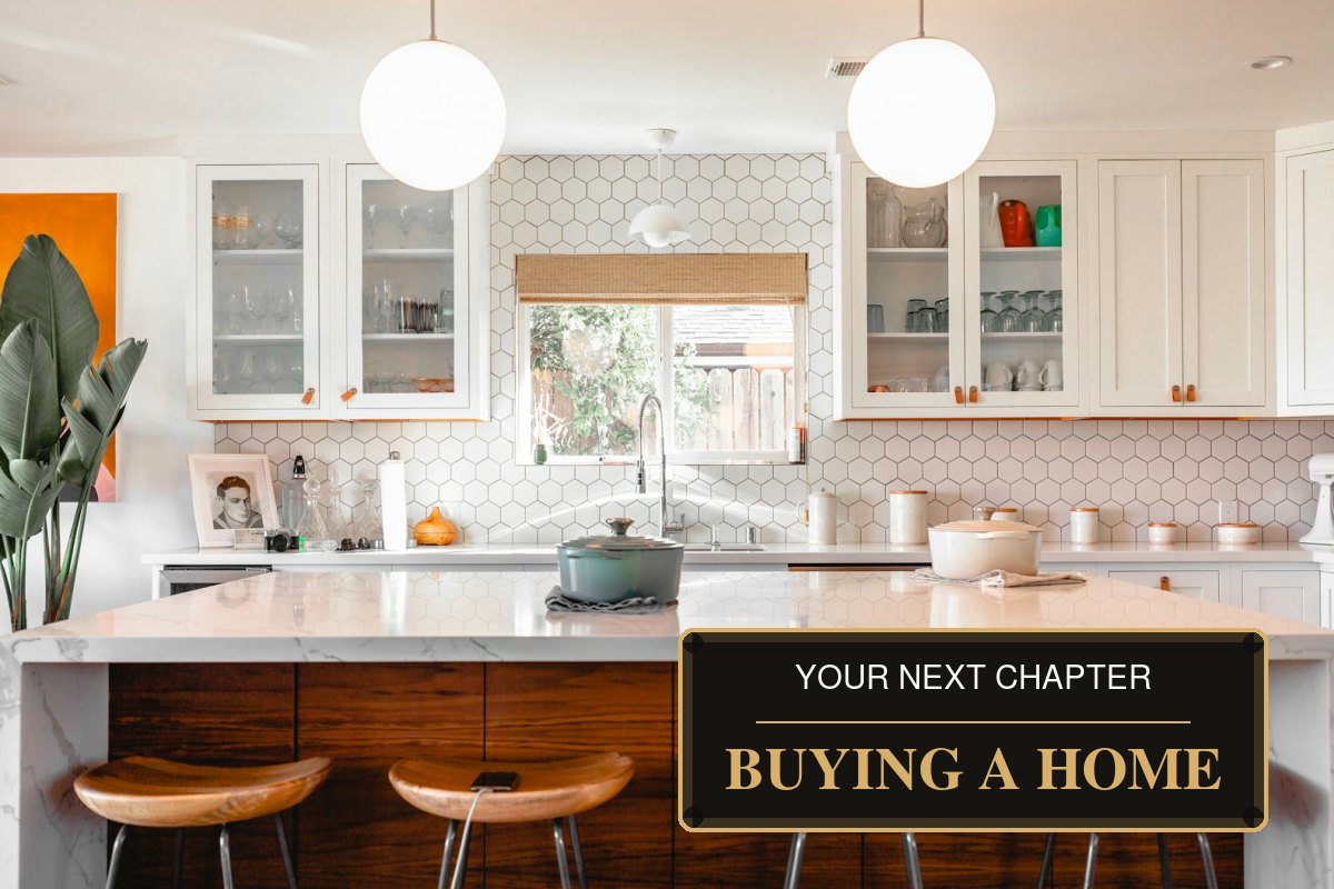 Buying a Home graphic featuring a bright modern kitchen