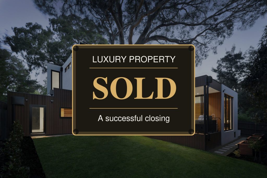 Modern luxury mansion with a Luxury Property Sold graphic